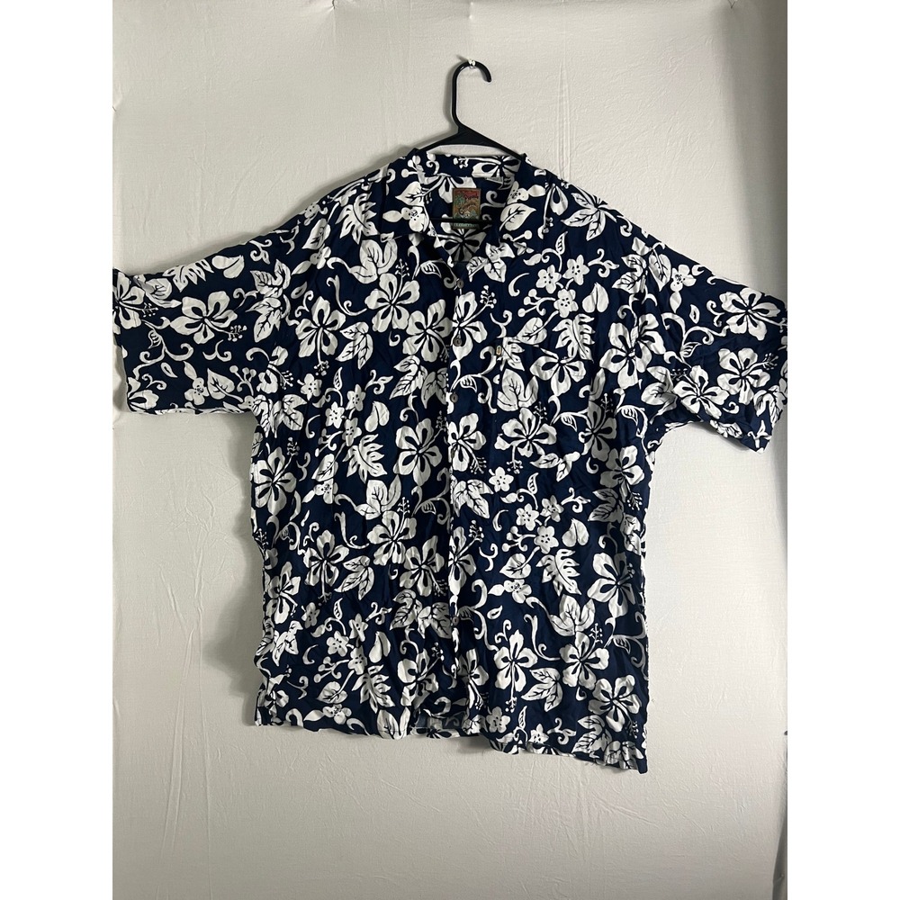 Pineapple Connection Mens 2XT Hawaiian Shirt Navy Blue Hibiscus Floral Rayon